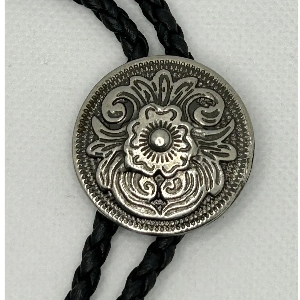 Country Western Black Bolo Tie Silver tone slide Cowboy Festival Vtg Style Rodeo
